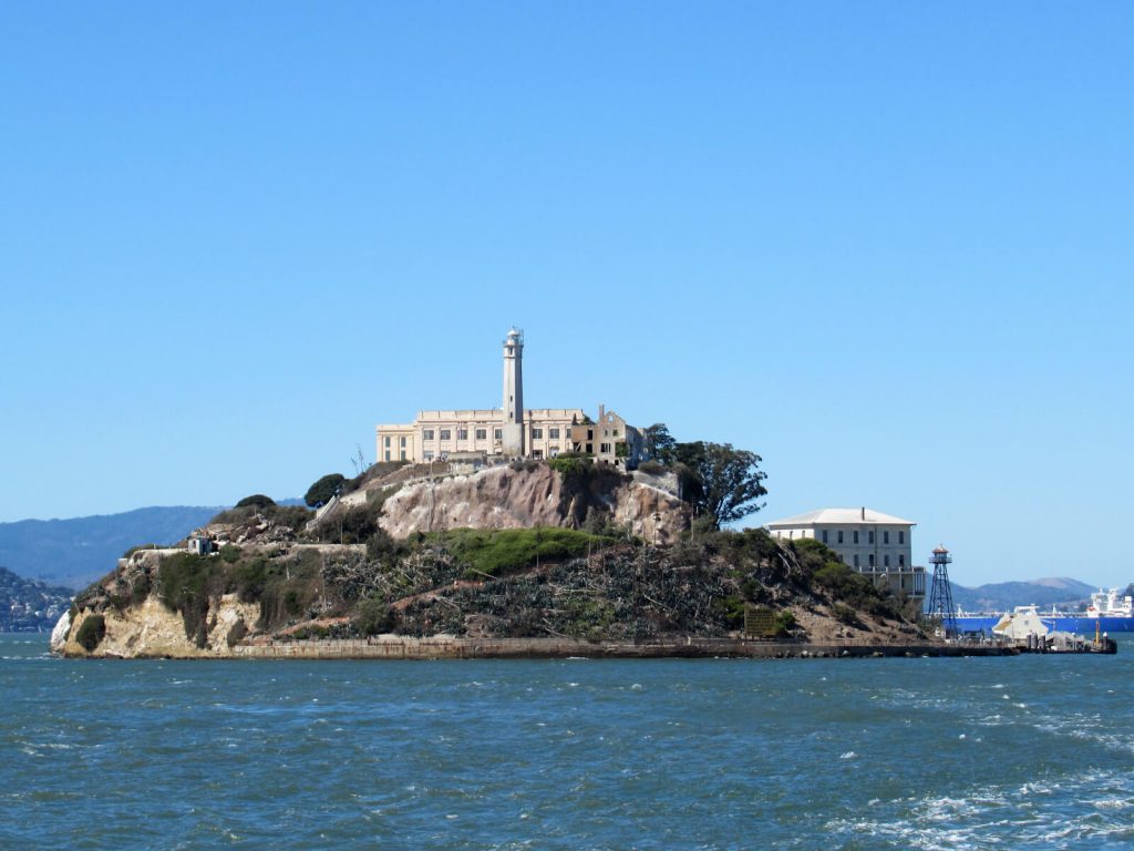 The former prison Alcatraz on a small, rocky island in the San Francisco Bay
