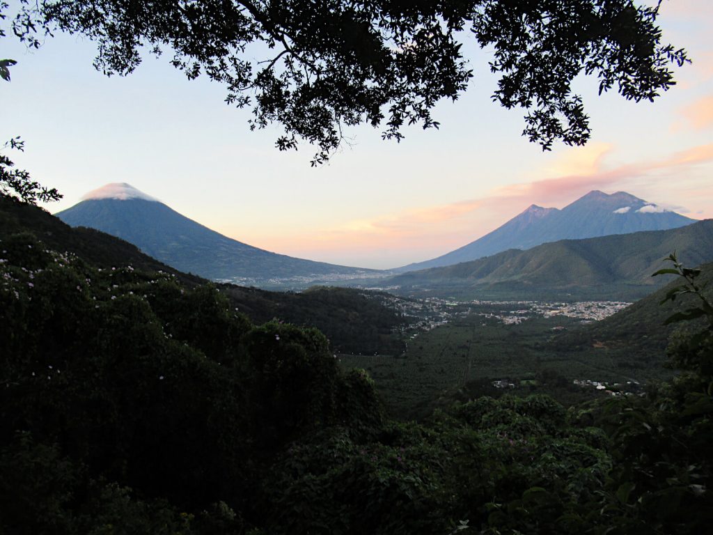 Agua, Fuego and Acatenango from left to right at dawn