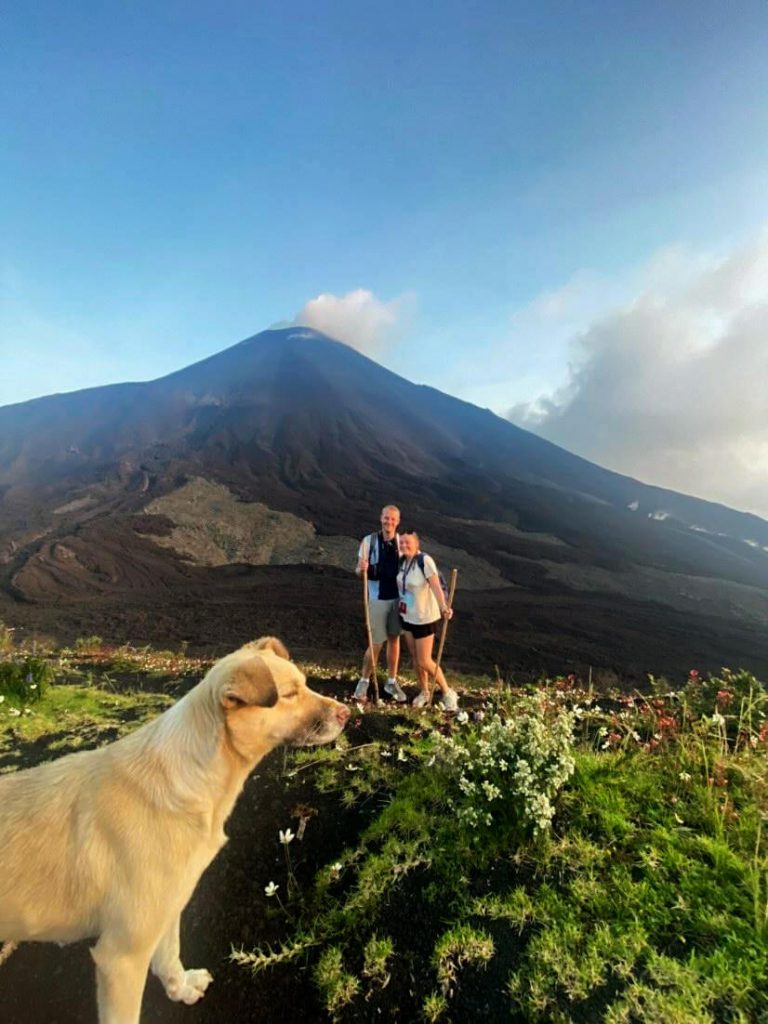 Adam and Zoe and a volcano dog at Pacaya