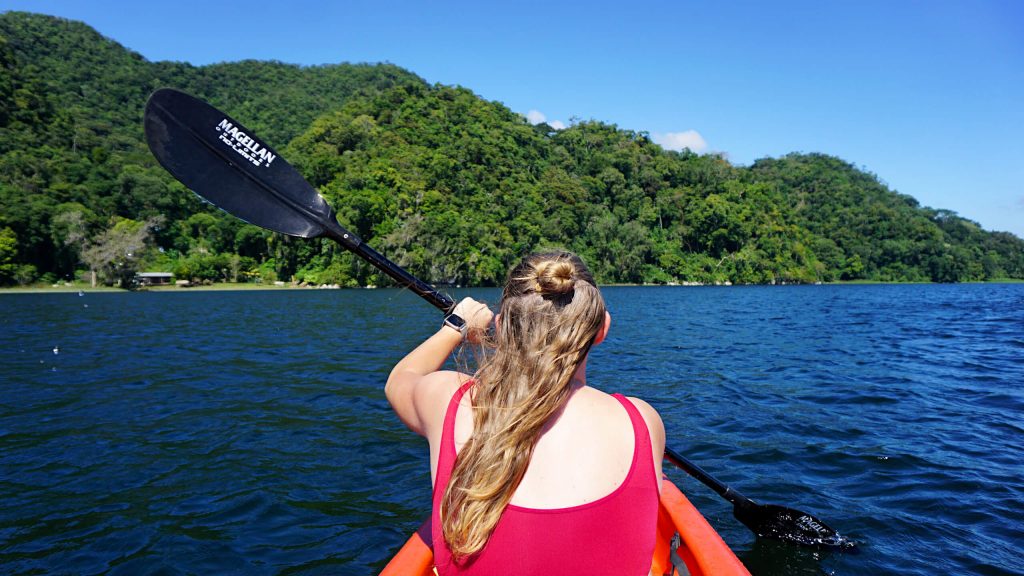 Zoe kayaking on Lake Yojoa in the Honduran sun